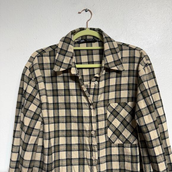 Zara Tan Plaid Flannel Button Down Shirt Sz M - Picture 3 of 12